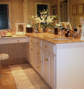 beautiful golden vanity and double sink