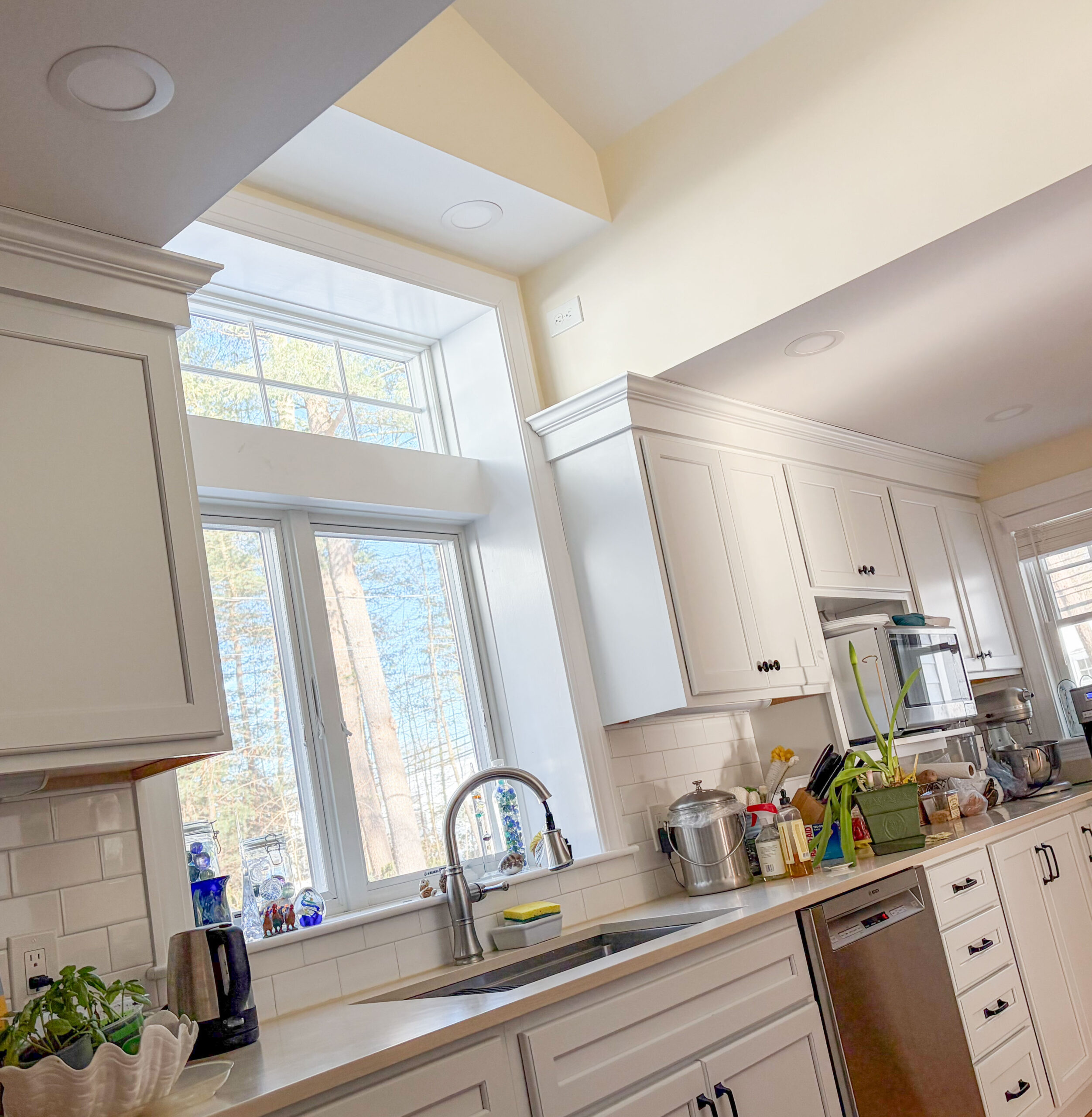 View from inside showing sink and new large windows